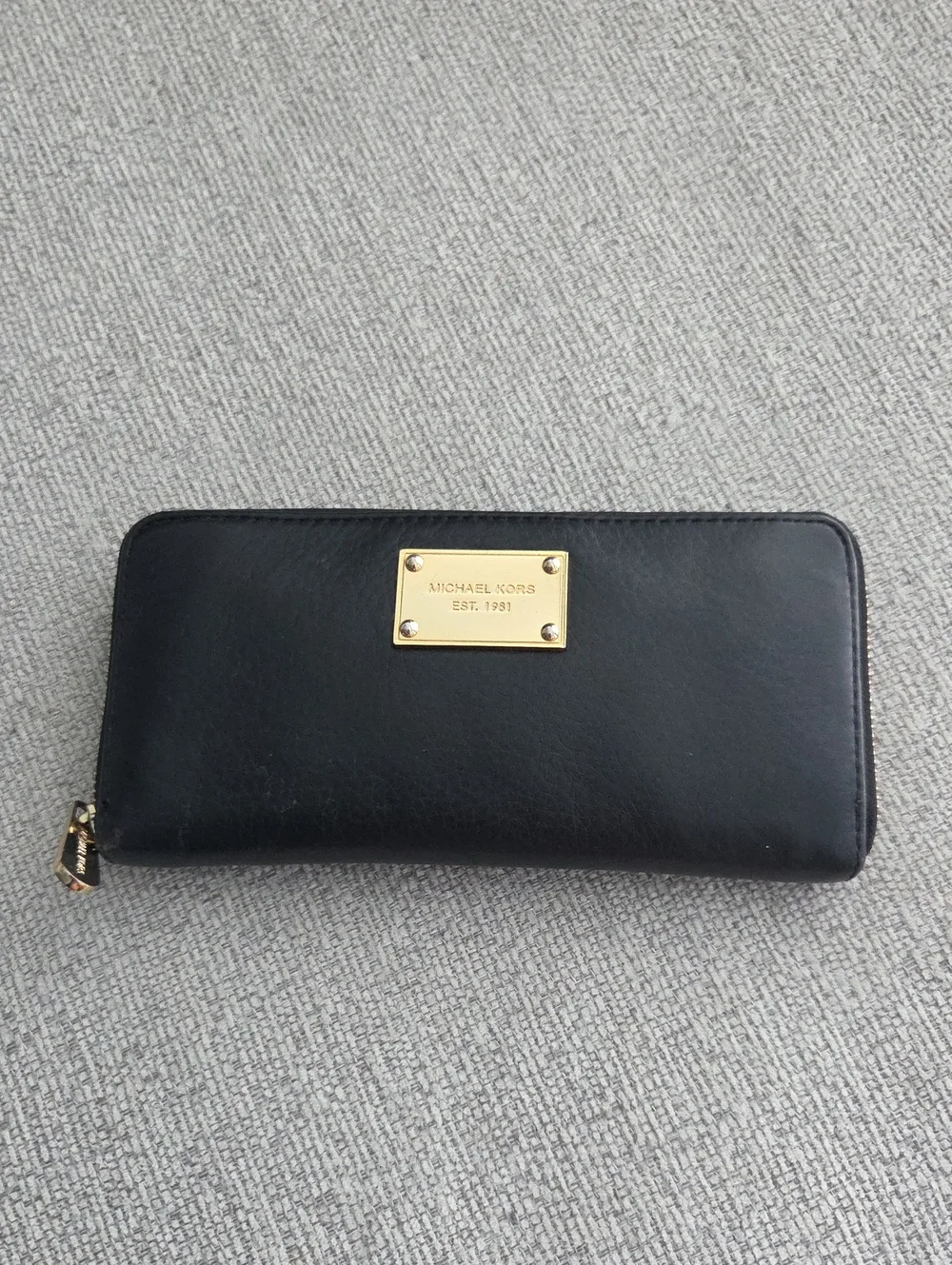 Michael Kors Black Leather Zip-Around Wallet with Gold Plaque